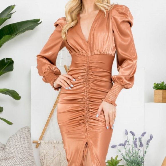 TAN SATIN BODYCON RUCHED LONG SLEEVED DRESS - Picture 2 of 4